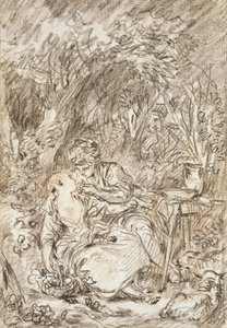 抱き合うカップル-アネットとルビン（紙に赤いチョーク） 作： François Boucher